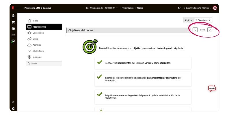mejoras del campus virtual lms educativa, botones de navegación en programa