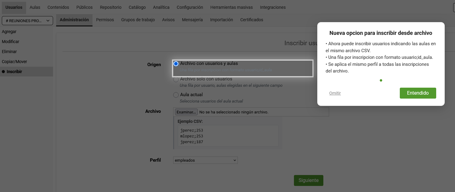 nueva funcionalidad para inscribir usuarios de forma masiva en varias aulas del LMS